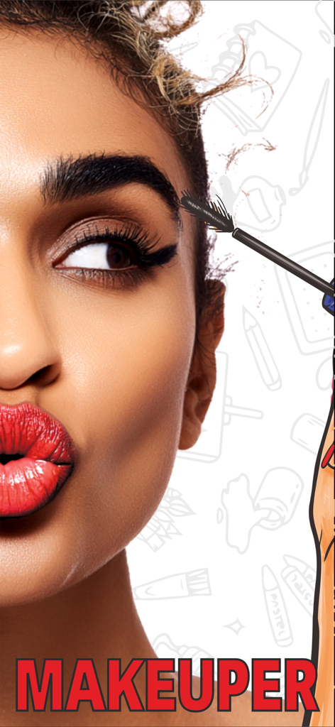 Close-up de uma modelo com lábios vermelhos e aplicação de maquiagem digital do aplicativo Makeuper