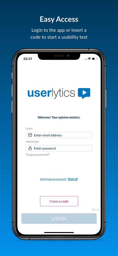 Schermata di accesso all'app Userlytics con campi email e password