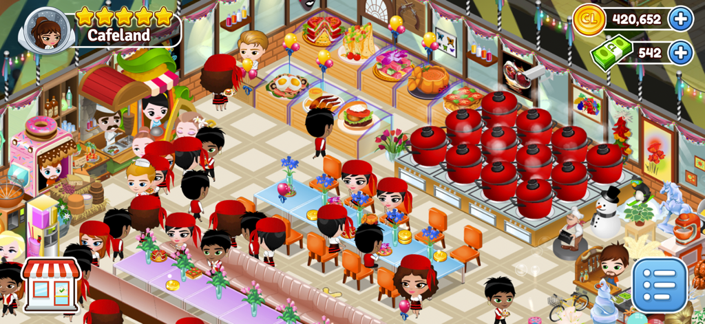 Cafeland - Restaurant Cooking - A busy restaurant scene in Cafeland with customers eating and many red pots cooking on stoves.