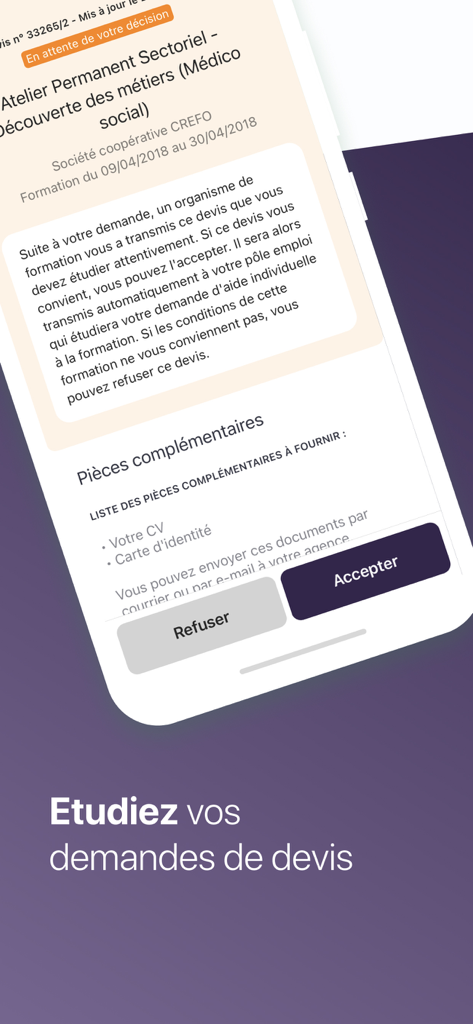 Ma Formation - France Travail - A mobile interface of the Ma Formation app showing a training quote review with options to accept or refuse.