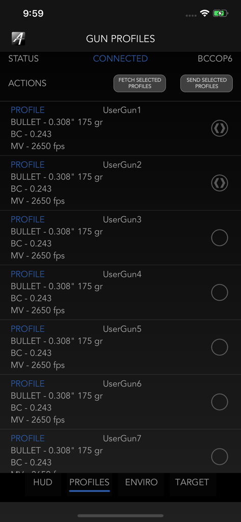 Gun profiles list in the Applied Ballistics Connect app displaying rifle and bullet specifications
