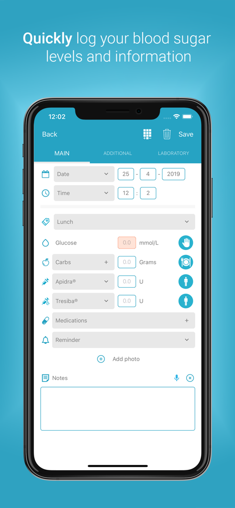 Diabetes:M app mobile interface showing a detailed log entry screen for tracking glucose levels, carbohydrate intake, and insulin doses