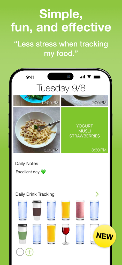 Una pantalla de la aplicación de diario de comidas visual que muestra un registro fotográfico diario de comidas y una sección para rastrear varias bebidas.