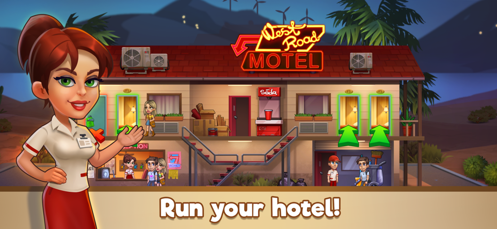 Manage staff and guests at a roadside motel in Doorman Story hotel simulator