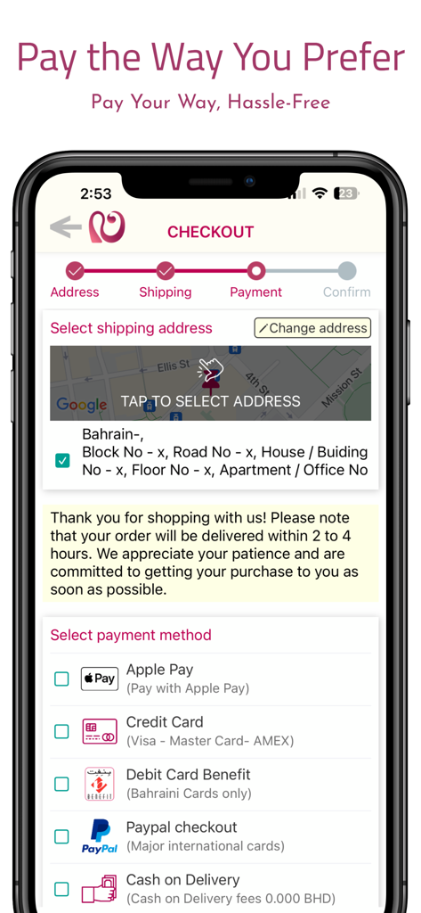 Nasser Pharmacy - Checkout screen of the Nasser Pharmacy app showing payment methods including Apple Pay Credit Card and PayPal