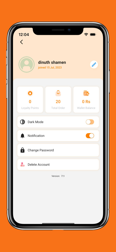 Raala Food - Raala Foodアプリのユーザープロフィール画面に、ロイヤルティポイント、総注文数、ウォレット残高、アカウント設定が表示されています。