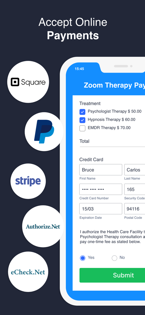 Interface for accepting online medical payments with integrated processors like Square and PayPal