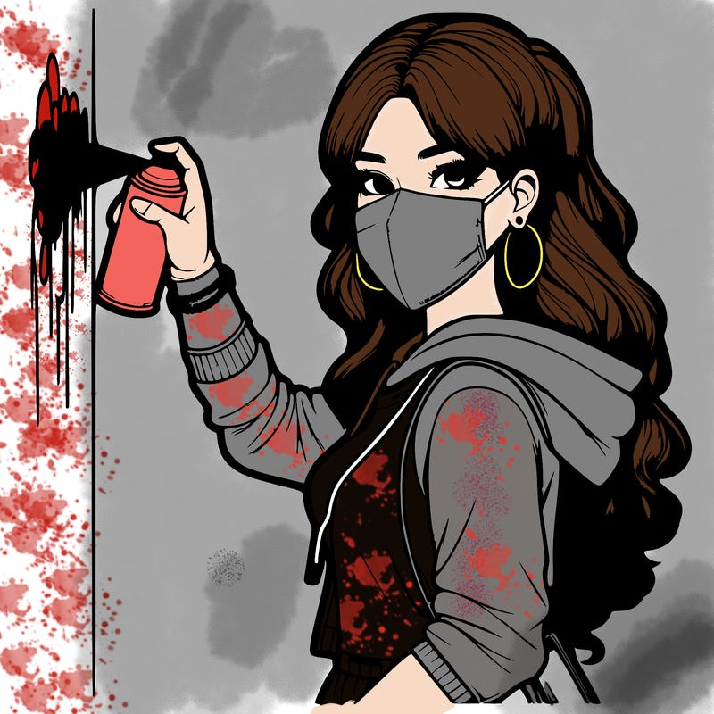 realistic girl with mask spray painting a wall