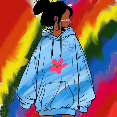 realistic girl with a oversized sweatshirt on and a bun