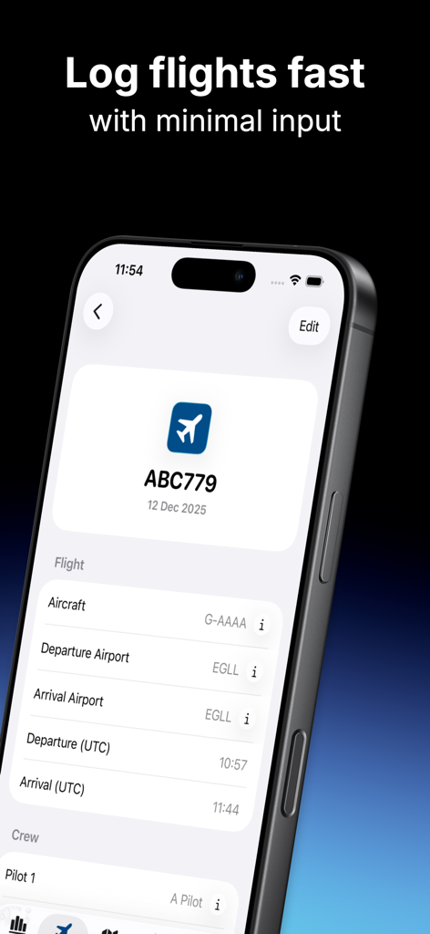 Pilot Logbook - A smartphone screen displaying the Pilot Logbook app flight logging interface with aircraft and airport information