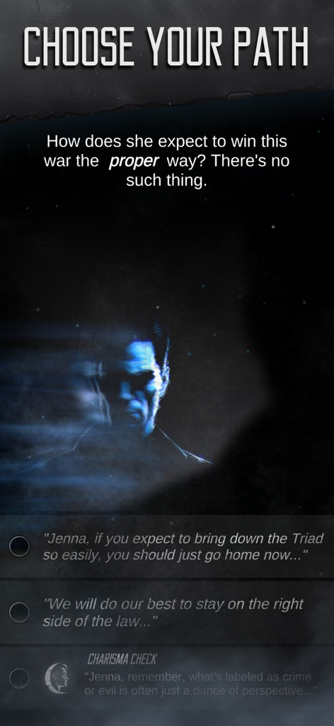 Murder Mystery Detective Story - Mordgeheimnis-Spielbildschirm, der Mehrfachauswahl-Dialogoptionen für eine Ermittlung zeigt.