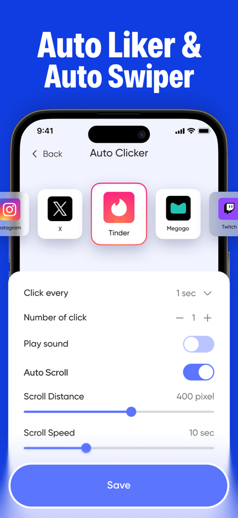 Interface of the Auto Clicker app showing auto swiper and auto liker configuration for social and dating apps