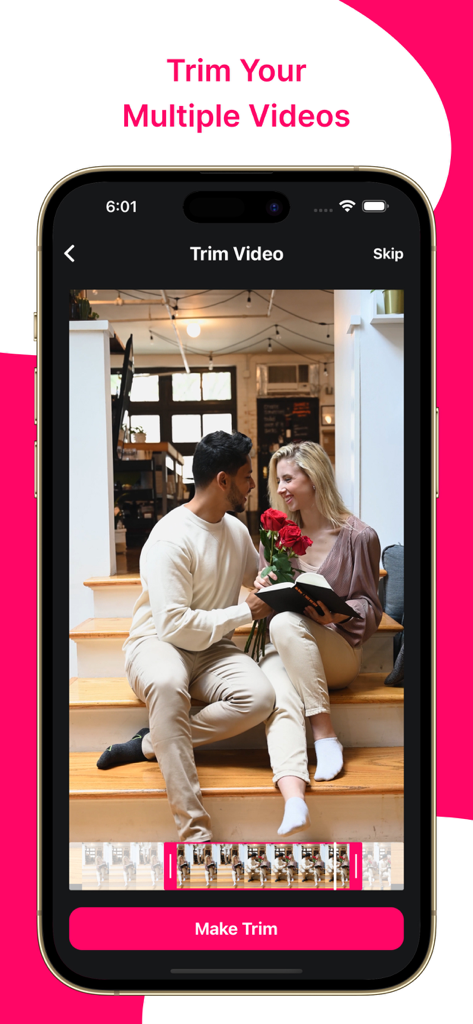 Add Watermark : Photo & Video - iPhone screen showing the video trimming tool for content creators in the Add Watermark app