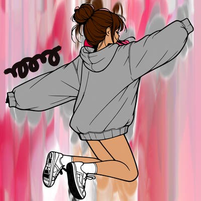 realistic girl jumping with a bun and oversized sweatshirt