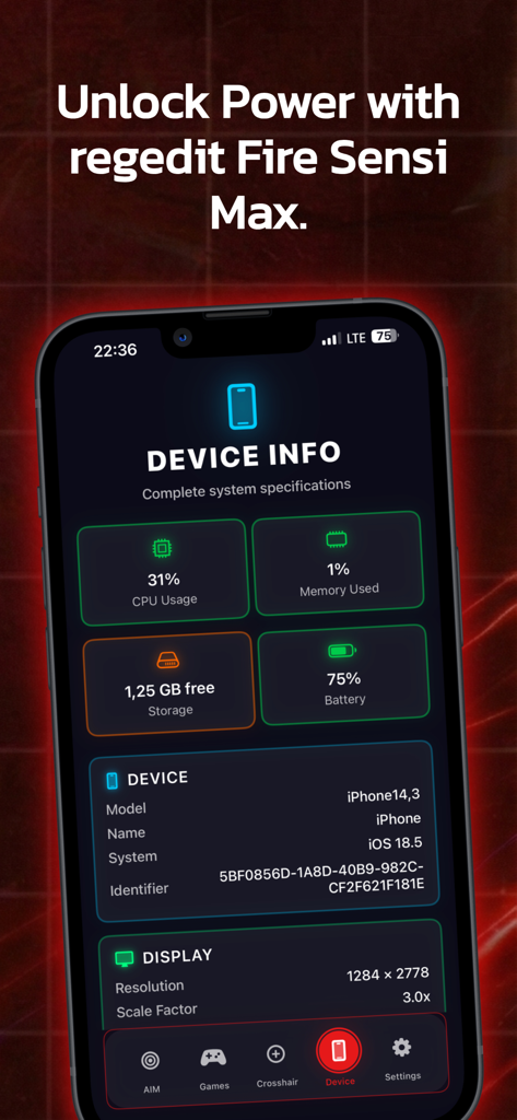 Game Booster - Headshot Tool - Interfaz de la aplicación Game Booster mostrando especificaciones del sistema de iPhone, incluyendo uso de CPU, memoria y estado de la batería.