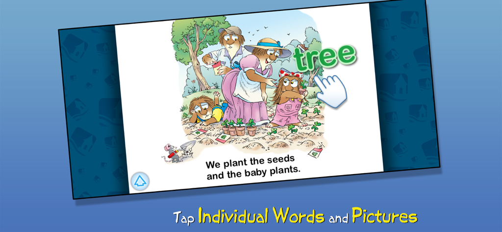 A Green, Green Garden - LC - Little Critter family planting a garden with a hand icon tapping the word tree in an educational app