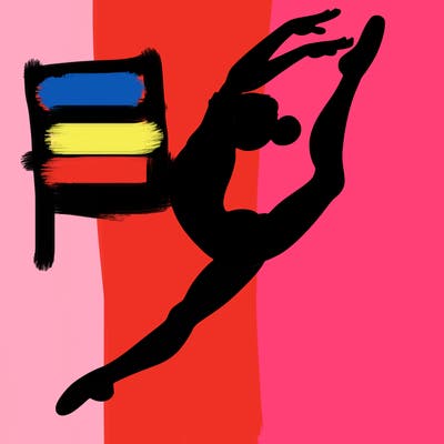 gymnast doing a leap in a leotard with a bent back leg