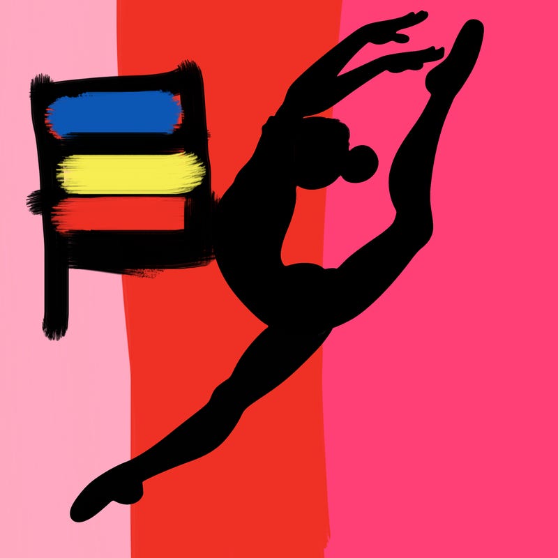 gymnast doing a leap in a leotard with a bent back leg