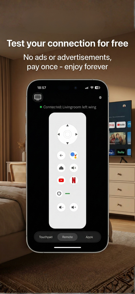 Remote control GTV ATV - iPhone exibindo uma interface de controle remoto digital para Google TV e Android TV com atalhos de aplicativos de streaming