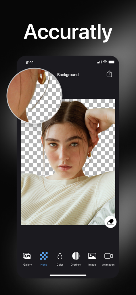 iPhoneのスクリーンショットで、ポートレートの背景が正確に削除され、髪やイヤリングの周りのクリーンなエッジが虫眼鏡で強調されている様子を示しています。