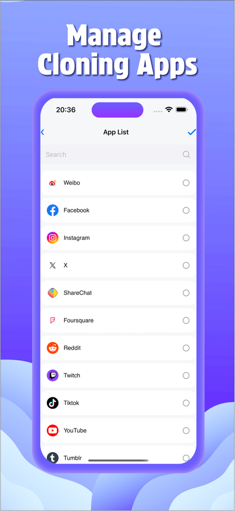 Dual Space: Multiple Parallel - Interface showing a list of social media apps available for cloning to manage multiple accounts