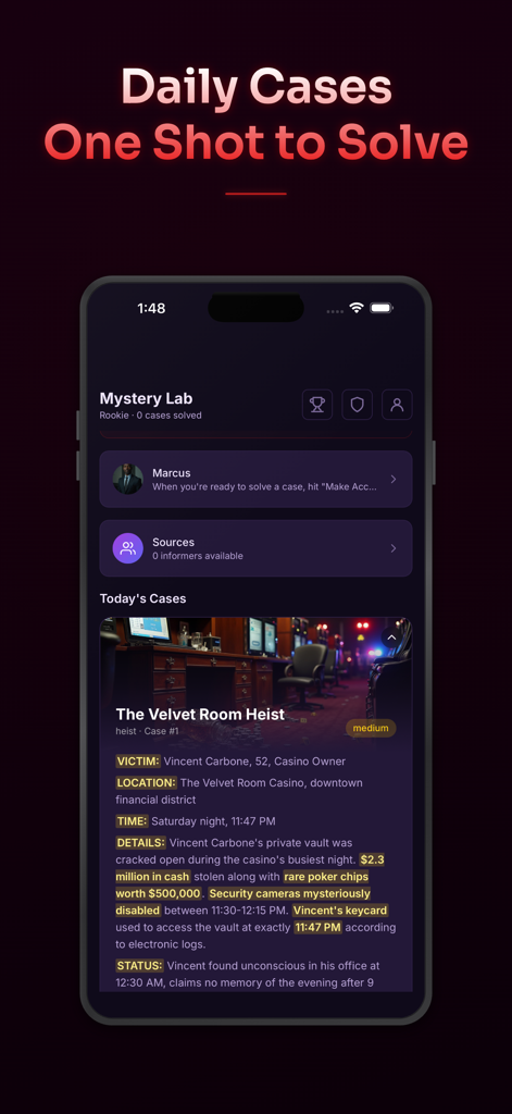 Mystery Lab: Case Files - Interface do aplicativo Mystery Lab Case Files mostrando o Caso de Hoje intitulado O Roubo do Quarto de Veludo com detalhes do caso e informações da vítima.