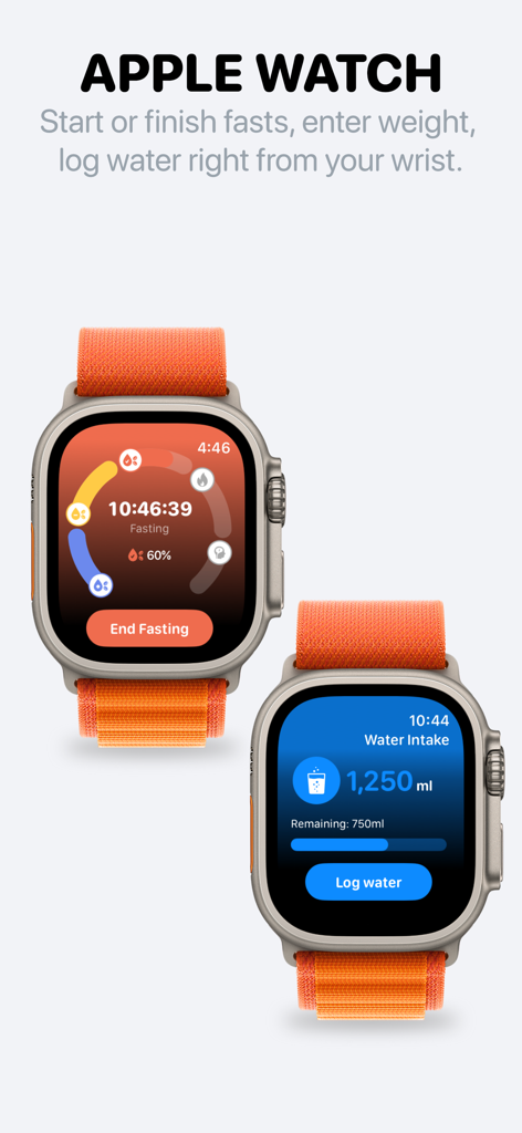 Easy Fast Tracker－FastMinder - Interface do aplicativo FastMinder no Apple Watch exibindo o cronômetro de jejum e registro de ingestão de água