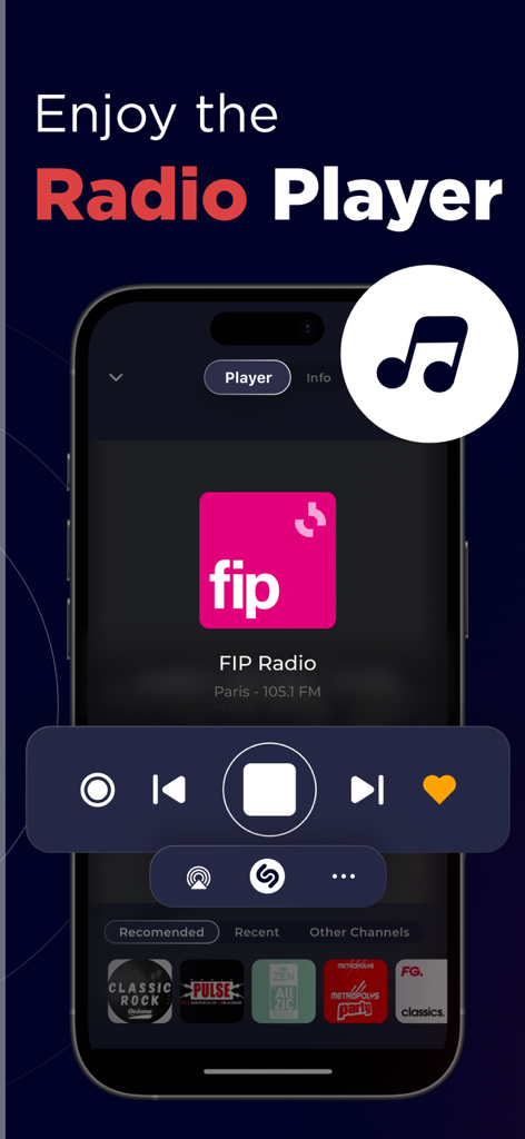 Radio France FM Live Online - FIPラジオ局と再生コントロールを表示するRadio France FMアプリのプレーヤーインターフェイス
