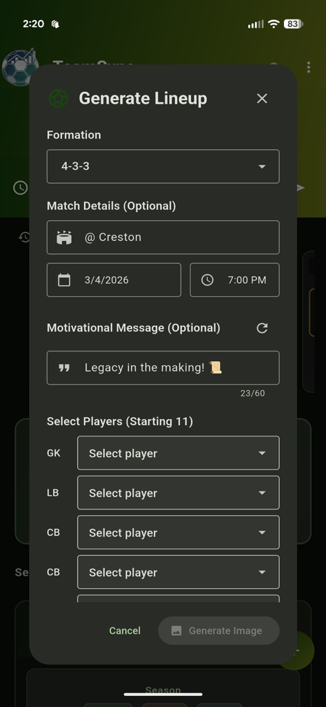 Oberfläche zur Generierung einer benutzerdefinierten Fußballteam-Aufstellung mit Optionen für Formation und Spielerauswahl.