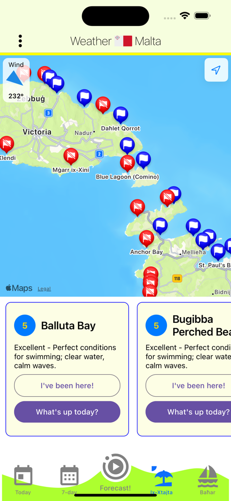 Weather Malta - La aplicación El Tiempo Malta mostrando un mapa de condiciones de natación y detalles de la playa de la Bahía de Balluta