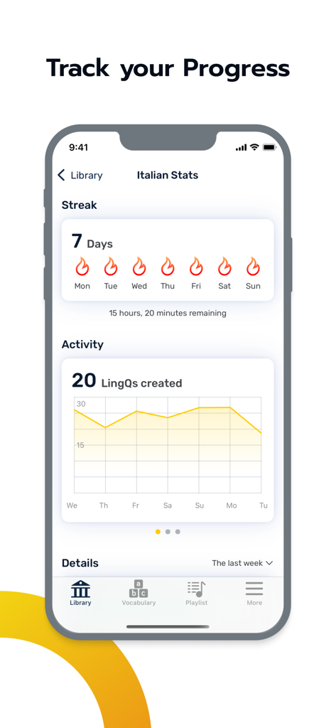 Learn Italian | LingQ - LingQ app screen showing Italian learning statistics including a seven day streak and activity graph