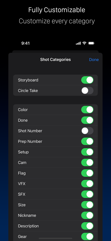 Shot Lister - Tela de configurações do aplicativo Shot Lister mostrando uma lista de interruptores para personalizar categorias de planos como Storyboard, VFX e SFX.