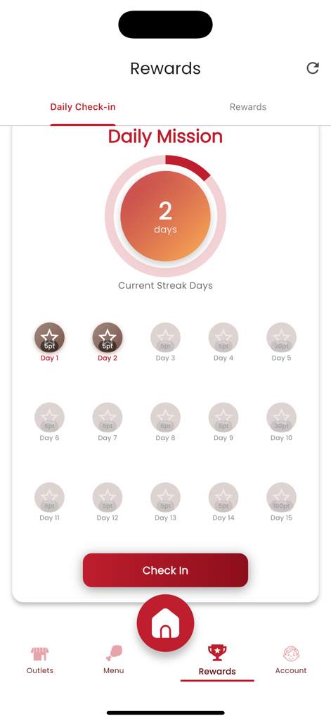 Ahmads Fried Chicken - Daily check-in mission screen showing points and streaks in the Ahmads Fried Chicken loyalty app