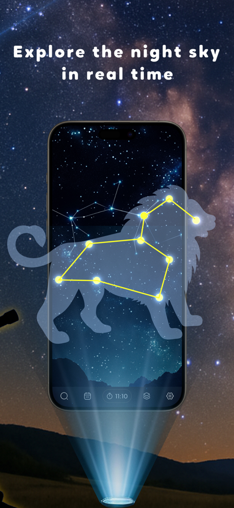 Aplicativo de smartphone exibindo a constelação de Leão em realidade aumentada sobre um céu noturno em tempo real