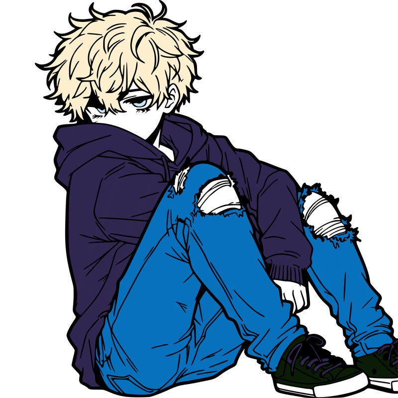 a male hoddie ripped jeans messy hair anime