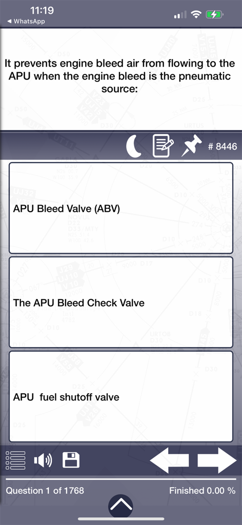 E-JETS Training Guide app interface showing a multiple choice pilot exam question about engine bleed air and APU systems