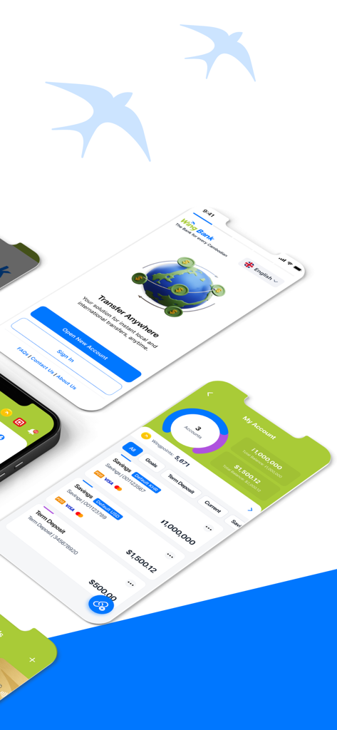 Screenshots of Wing Bank mobile app displaying international transfer features and Cambodian Riel and US Dollar account balances.