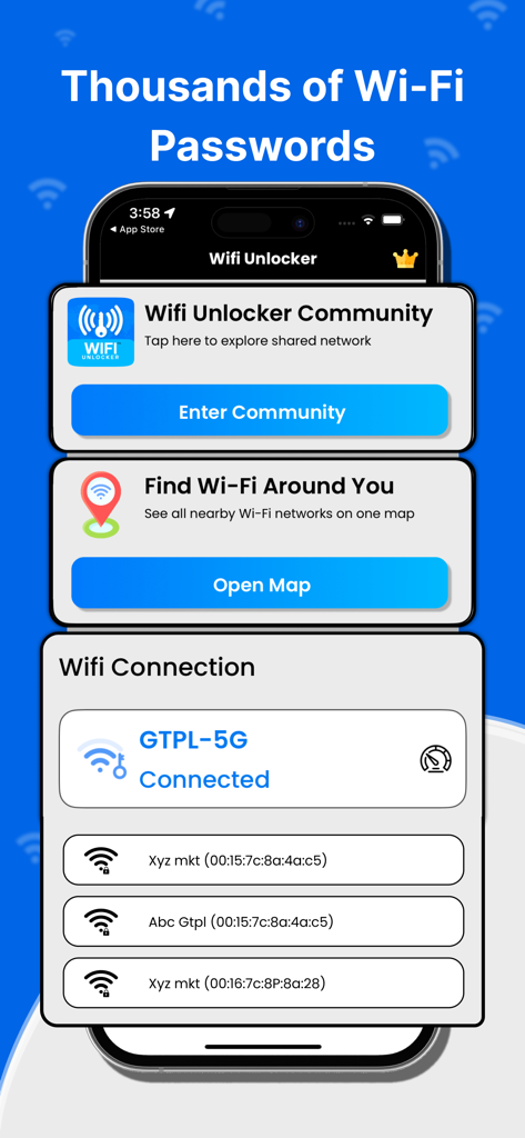 Wifi Password Community - Mobile app dashboard for finding and connecting to community shared Wi-Fi networks