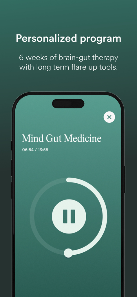 iPhone-Bildschirm mit dem personalisierten 6-Wochen-Gehirn-Darm-Therapieprogramm der Nerva App mit einer aktiven Audiositzung.