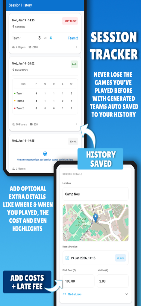 Schermata dell'app Quick Teams che mostra la cronologia delle sessioni sportive e i dettagli sui costi delle partite.