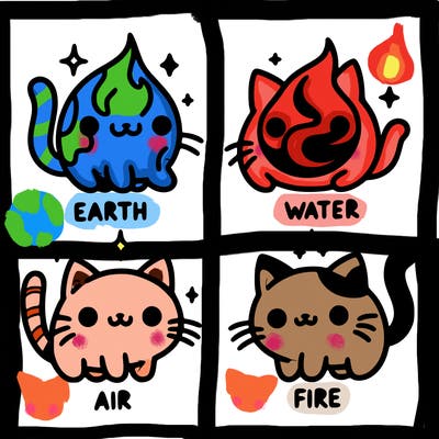 4 cats that represent the different elements, earth, water, air, and fire