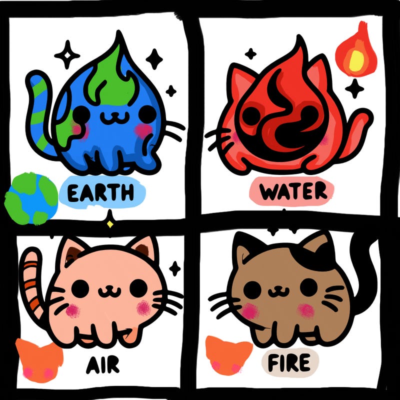 4 cats that represent the different elements, earth, water, air, and fire