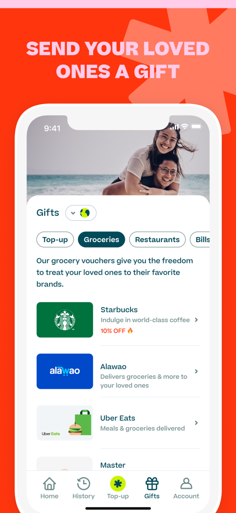 Ding Top-up: Mobile Recharge - Ding-App-Bildschirm mit internationalen Geschenkkartenoptionen für Lebensmittelgeschäfte und Restaurants