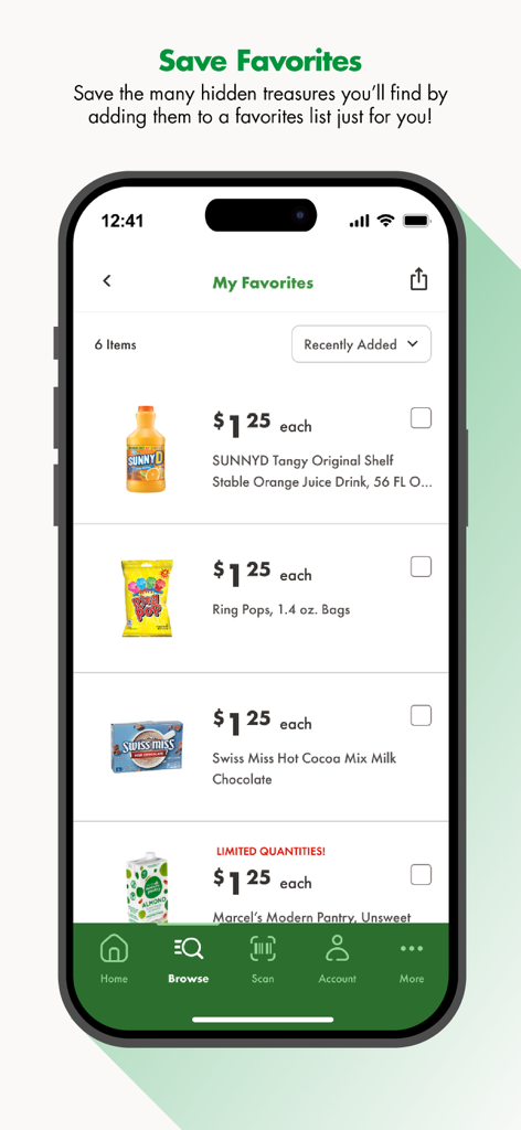 Dollar Tree app interface showing a saved favorites shopping list with items priced at one dollar and twenty-five cents
