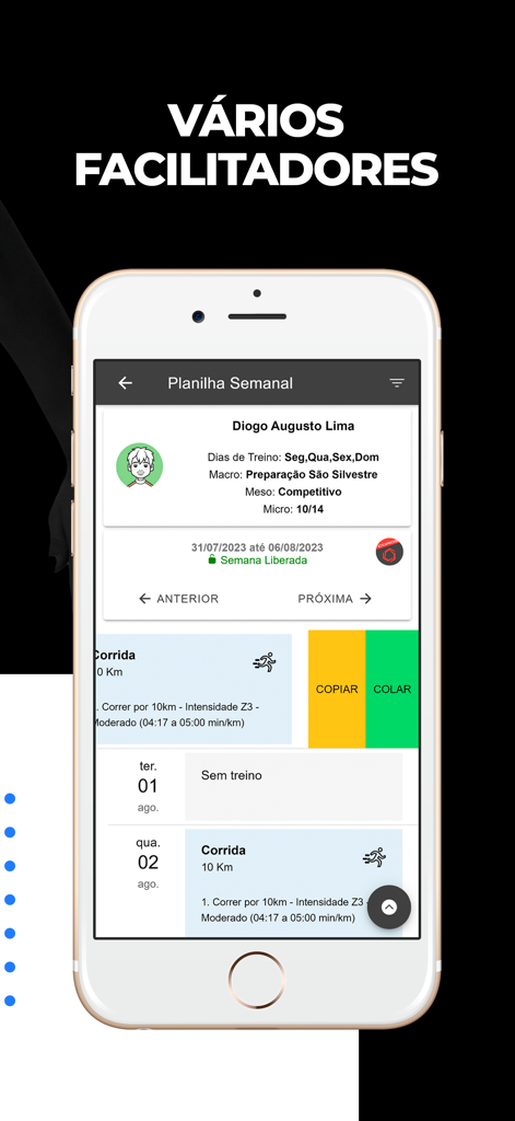 SisRUN Coach - Interface do aplicativo SisRUN Coach mostrando um cronograma de treino semanal de atleta e ferramentas de gestão.