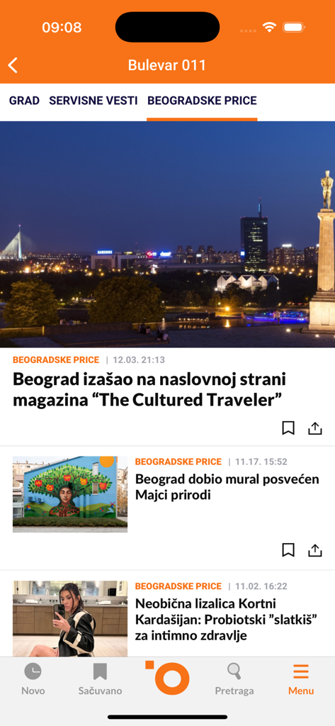 Flux d'actualités de l'application mobile Objektiv présentant des histoires sur la ville de Belgrade et des mises à jour sur les célébrités.