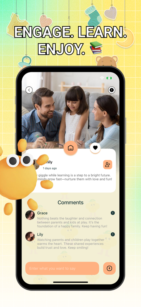 Tazu - Explore - Tazu Explore app screen displaying a family photo and a comment section for parents.