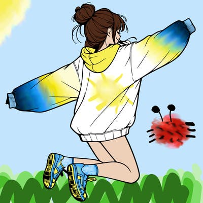 realistic girl jumping with a bun and oversized sweatshirt