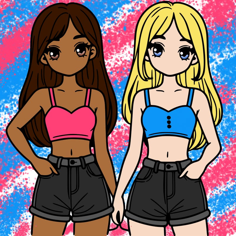 two sisters with crop tops and jean shorts and straight hair