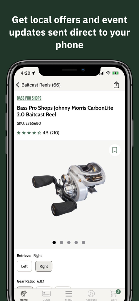 Product details page for a baitcast reel in the Bass Pro Shops mobile app showing product specs and ratings.